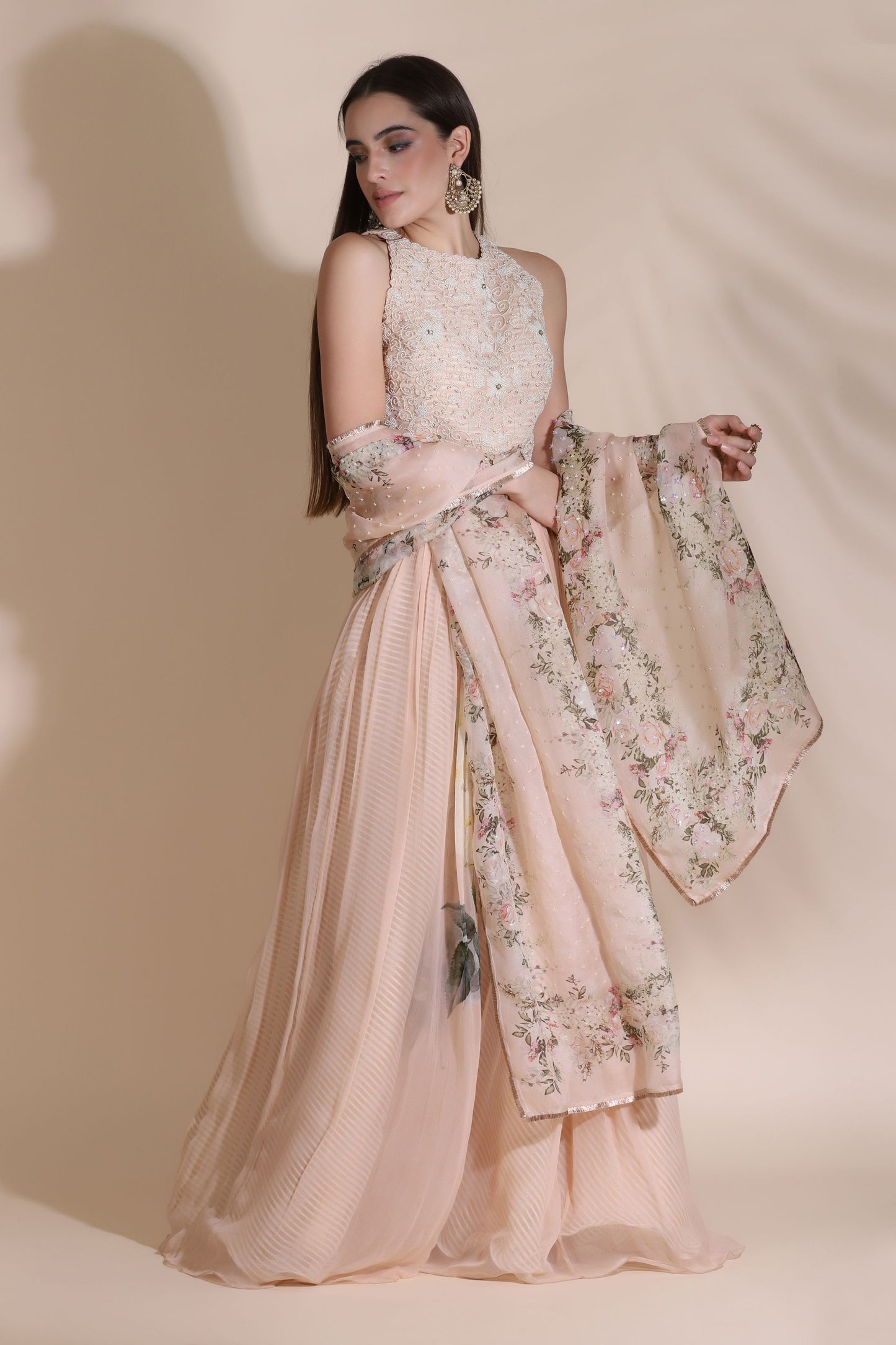 Pearl Work Blouse Paired With Printed Chiffon Skirt And Printed Dupatta