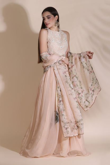 Pearl Work Blouse Paired With Printed Chiffon Skirt And Printed Dupatta