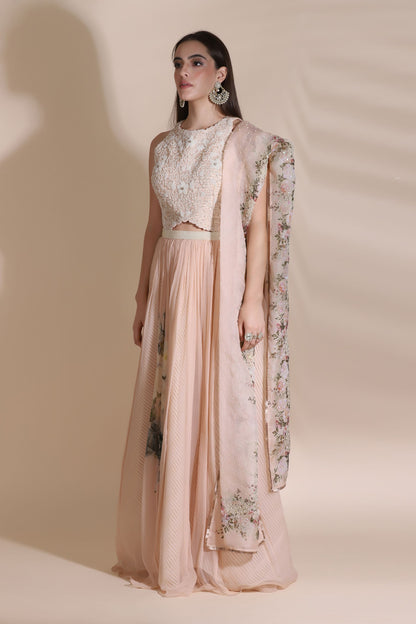 Pearl Work Blouse Paired With Printed Chiffon Skirt And Printed Dupatta