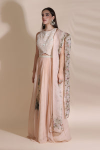 Pearl Work Blouse Paired With Printed Chiffon Skirt And Printed Dupatta
