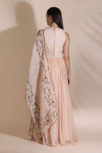 Pearl Work Blouse Paired With Printed Chiffon Skirt And Printed Dupatta