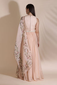 Pearl Work Blouse Paired With Printed Chiffon Skirt And Printed Dupatta
