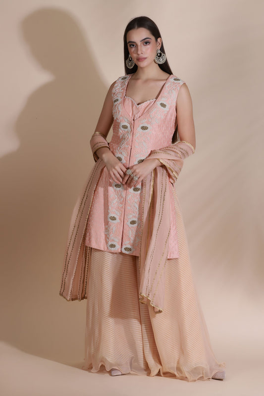 Pearl Work Jacket with Block Printed Dupatta and Palazzos