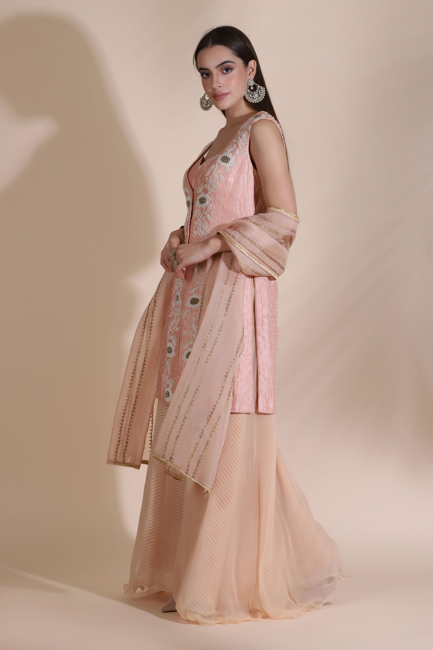 Pearl Work Jacket with Block Printed Dupatta and Palazzos