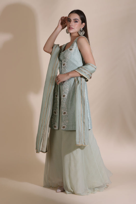 Pearl Work Jacket, Blouse with Block Printed Dupatta and Palazzos