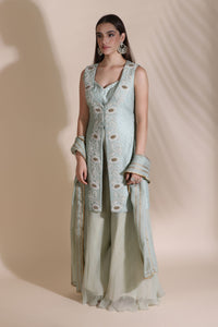 Pearl Work Jacket, Blouse with Block Printed Dupatta and Palazzos