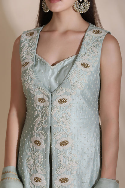 Pearl Work Jacket, Blouse with Block Printed Dupatta and Palazzos