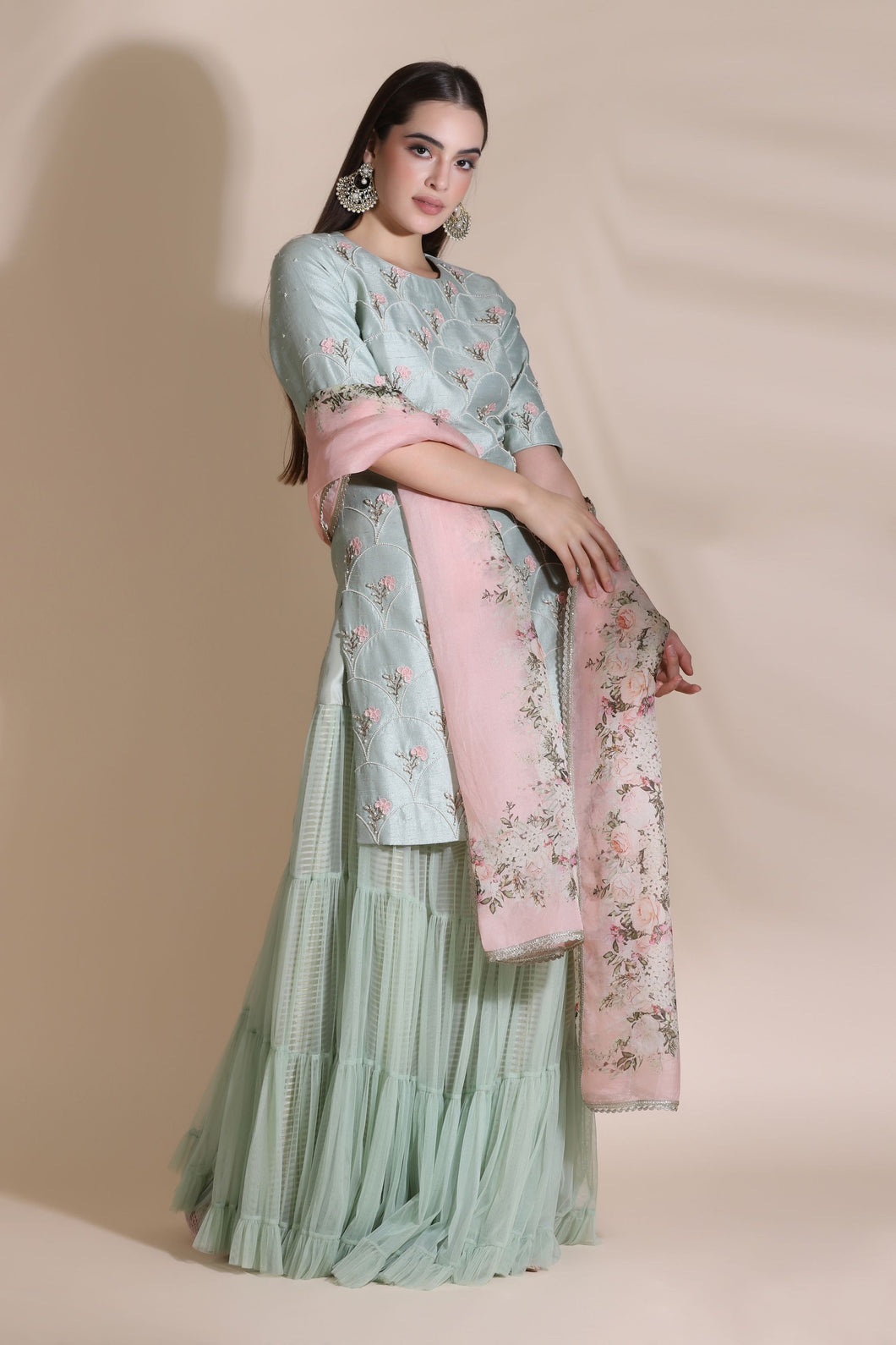 3D Work Kurti with Sharara and Printed Dupatta
