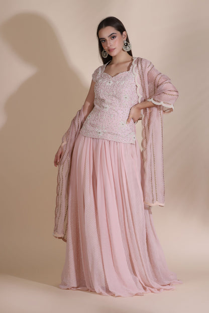Pearl Work Kurti with Sharara and Organza Dupatta