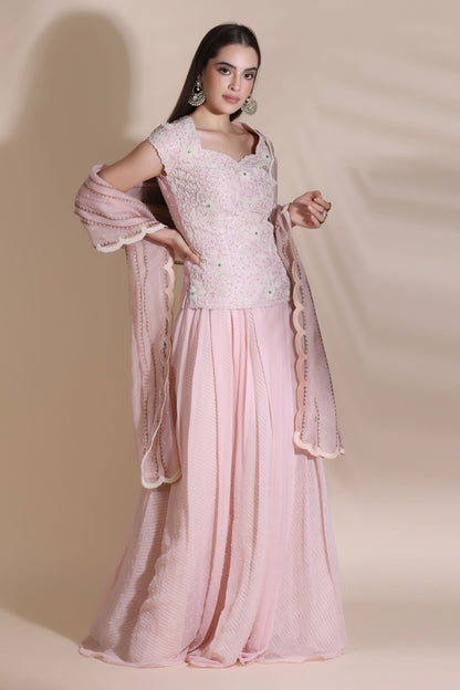 Pearl Work Kurti with Sharara and Organza Dupatta