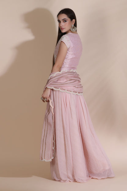 Pearl Work Kurti with Sharara and Organza Dupatta