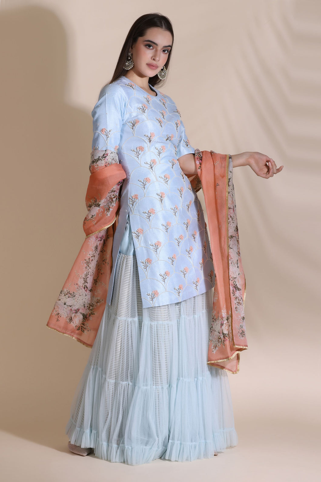 3D Work Kurti with Sharara and Printed Dupatta