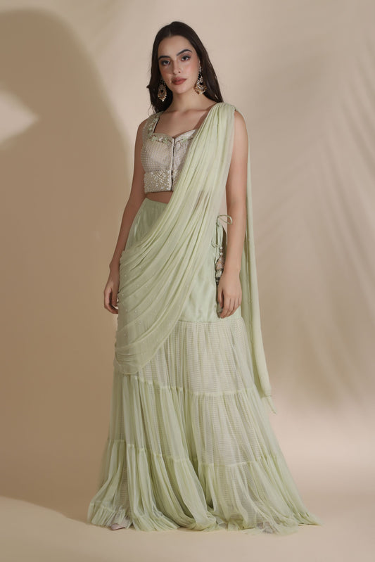 Brocade Blouse Highlighted With 3D Flower Bel With Draped Duptta and Sharara