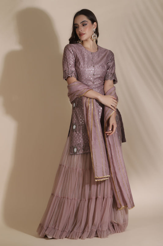 Bugle Bead Suit With Net Sharara And Block Printed Dupatta