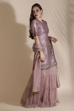 Load image into Gallery viewer, Bugle Bead Suit With Net Sharara And Block Printed Dupatta
