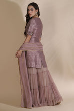 Load image into Gallery viewer, Bugle Bead Suit With Net Sharara And Block Printed Dupatta
