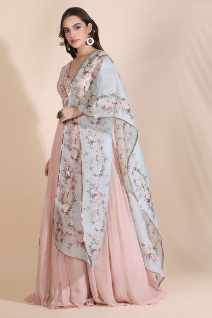 Leather Sequin Dori Blouse With Printed Skirt And Dupatta