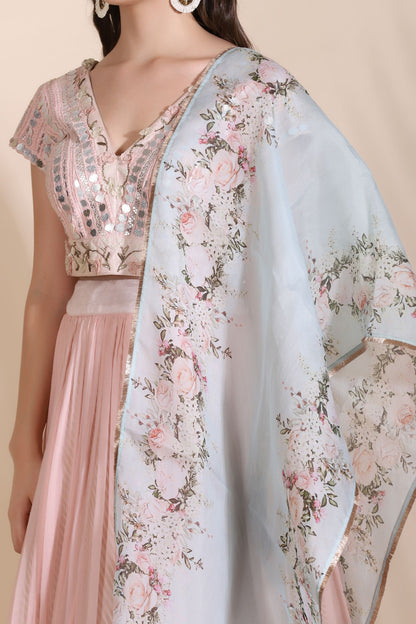 Leather Sequin Dori Blouse With Printed Skirt And Dupatta