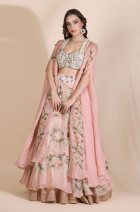 Floral Bustier with Cape and Lehenga