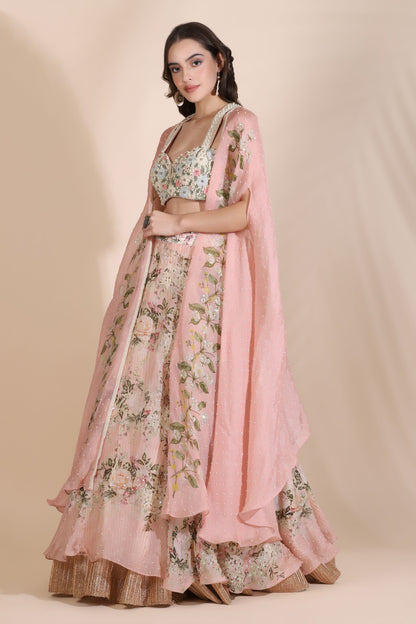 Floral Bustier with Cape and Lehenga