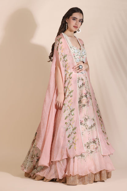 Floral Bustier with Cape and Lehenga