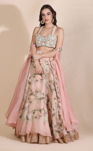 Floral Bustier with Cape and Lehenga