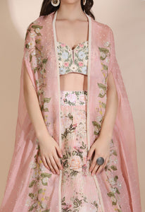 Floral Bustier with Cape and Lehenga