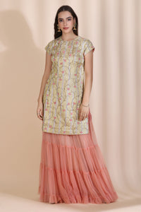 3D Work Suit with Sharar and Block Print Dupatta