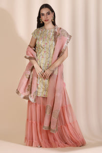 3D Work Suit with Sharar and Block Print Dupatta