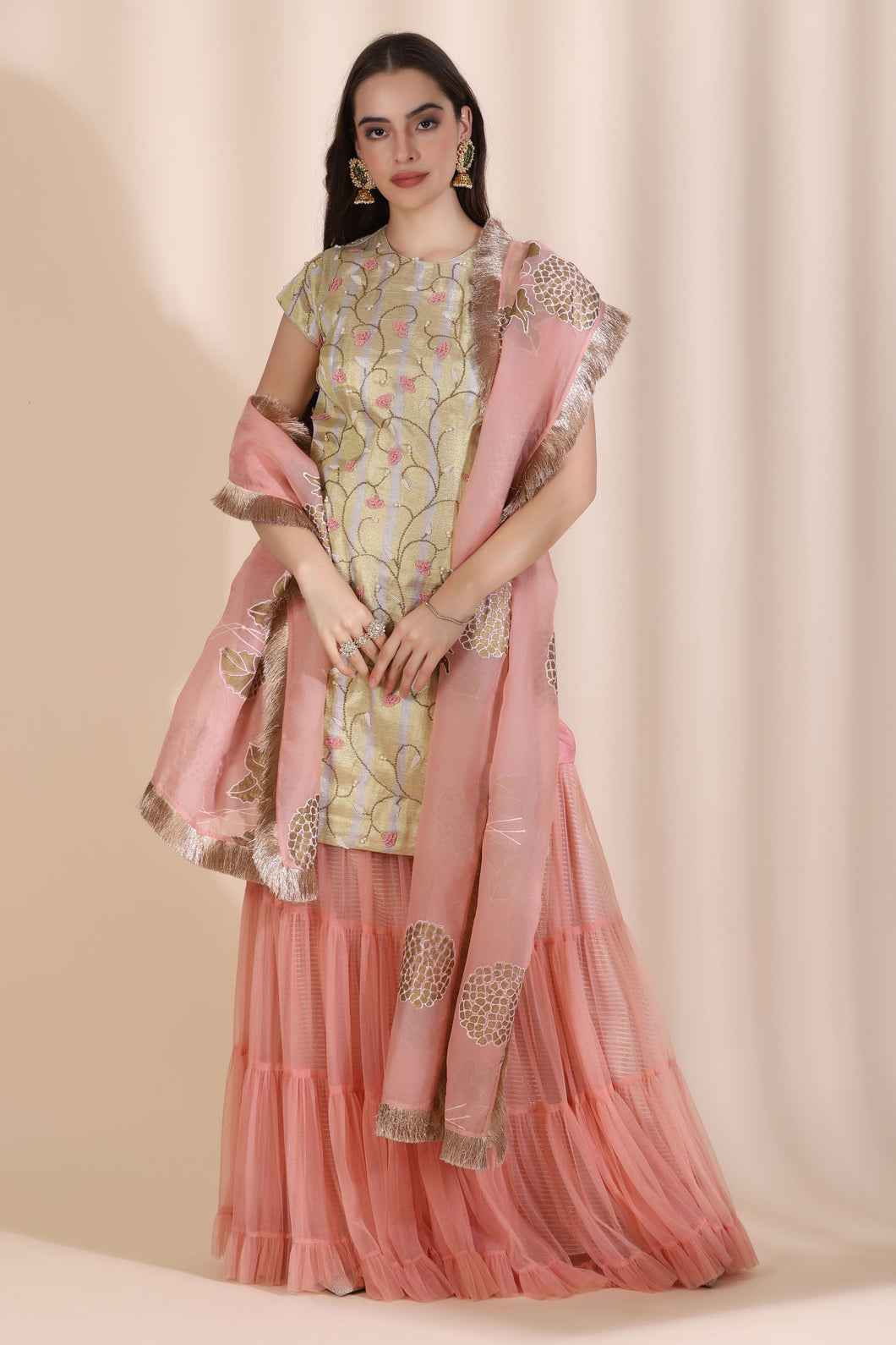 3D Work Suit with Sharar and Block Print Dupatta