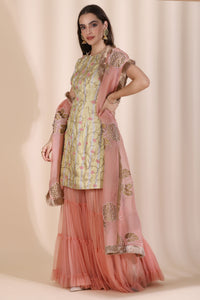 3D Work Suit with Sharar and Block Print Dupatta