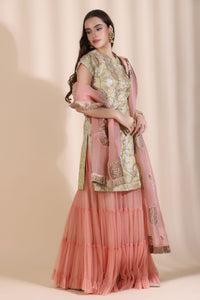 3D Work Suit with Sharar and Block Print Dupatta