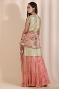 3D Work Suit with Sharar and Block Print Dupatta