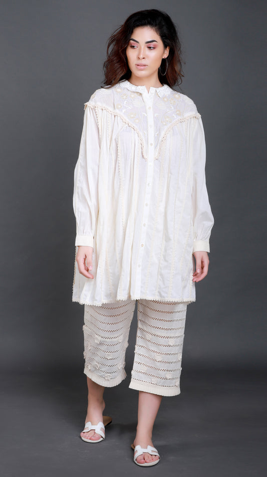 Tonal Floral Embroiderded Yoke Shirt