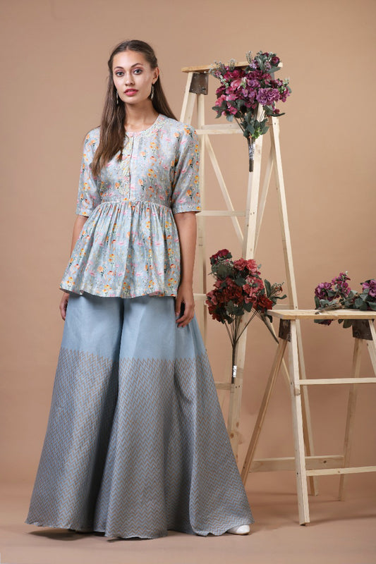 DULL BLUE BOTANICAL SHORT KURTI WITH BLOCK PRINT BIAS PALAZZO AND DUPATTA