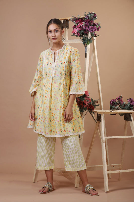 YELLOW BOTANICAL PRINT KURTI WITH BLOCK PRINT PALAZZO