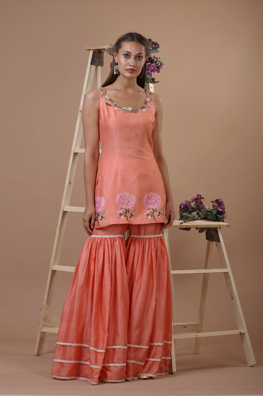 PEACH PEONIES KURTI WITH PALAZZO