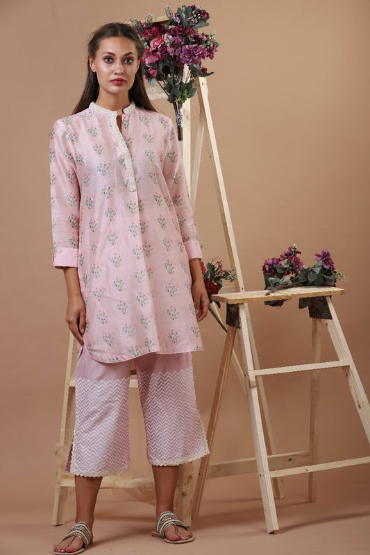 PINK OVERALL SINGLE BOOTA PRINT KURTI WITH BLOCK PRINT PALAZZO