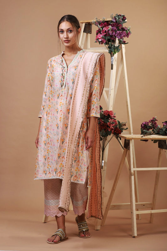LIGHT BRICK BOTANICAL PRINT KURTI WITH BLOCK PRINT PALAZZO