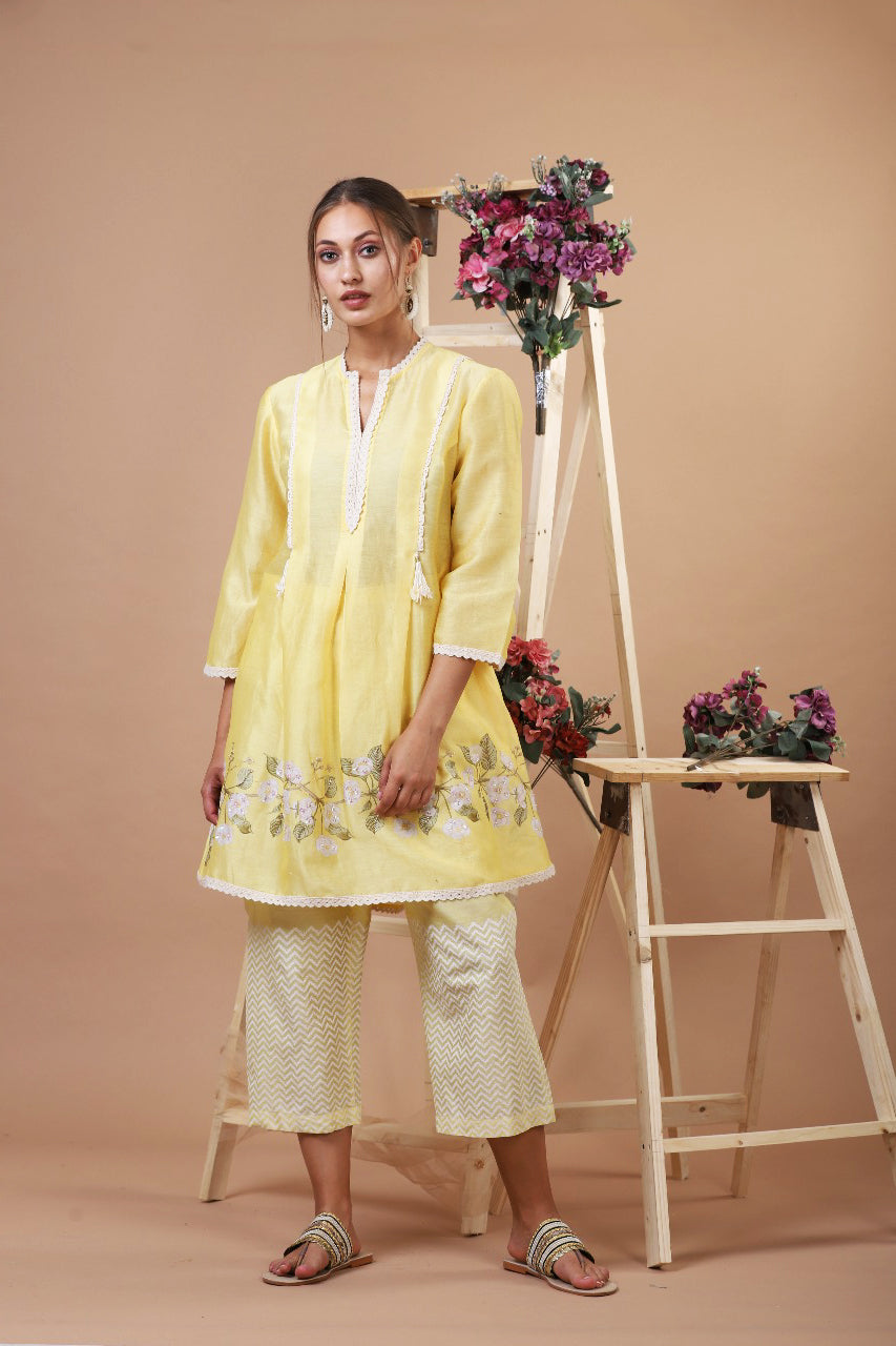 YELLOW SEMAL BEL PLACEMENT PRINT KURTI WITH BLOCK PRINT PALAZZO